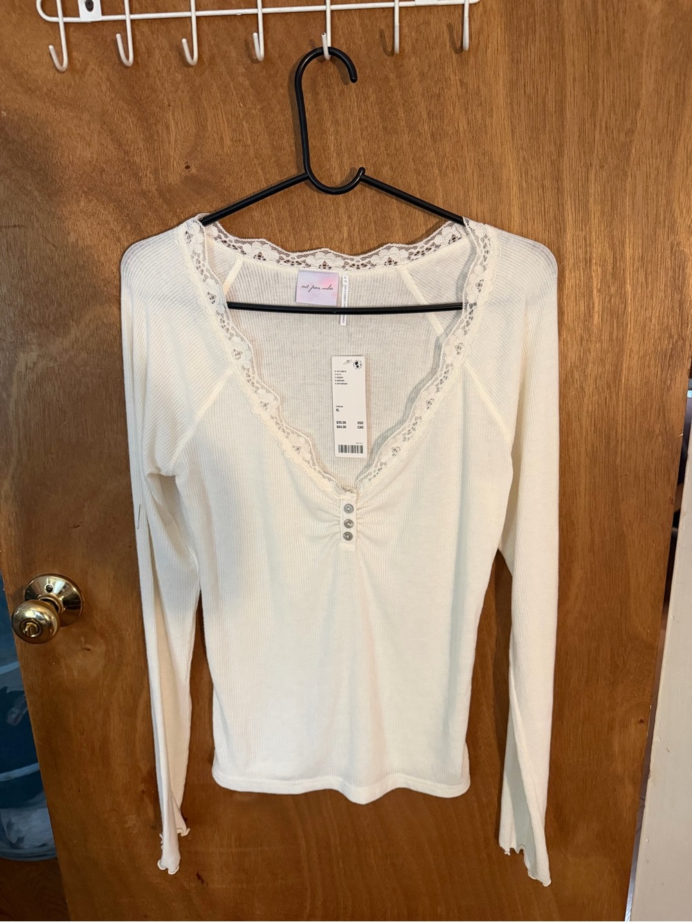 Urban Outfitters Cream Lace-Trim Ribbed Long Sleeve Top